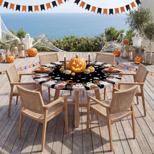 Halloween Fitted Round Tablecloth 45-56 inch Ghost Bat Black - Ghost Variation