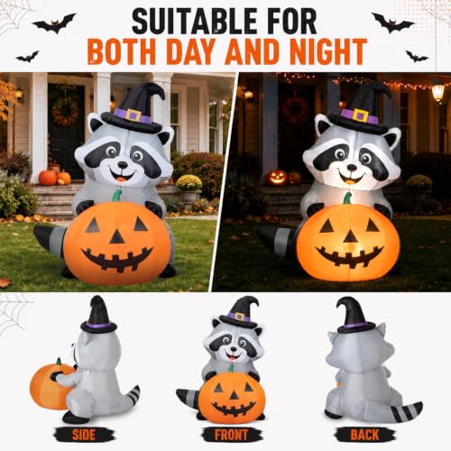 Halloween Inflatable Witch Raccoon Decor - 5 ft Outdoor Blow-up Decoration with LED Lights - Halloween Style