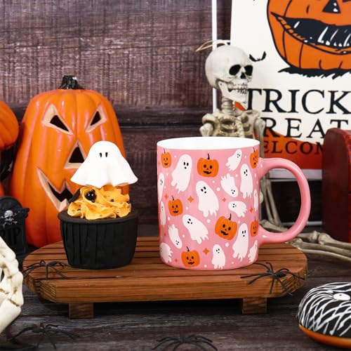 Pink Halloween Mug Ghost Pumpkin Ceramic Coffee Cup 12oz - Ghost & Pumpkin Design