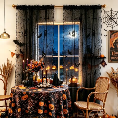 Halloween Black Lace Curtains 95 Inch Long with Cobweb Pattern - Pack of 2