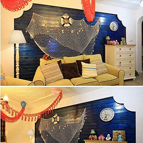 Blue & Beige Handmade Fish Net Decoration 79x59in Nautical Wall Decor