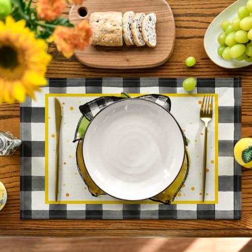Buffalo Plaid Lemon Placemats Set of 4 - 12x18 Inch Rustic Washable Table Mats Black & White