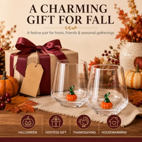 Pumpkin Wine Glasses Set - 2 Pack Halloween Fall Stemless Cups for Parties & Home