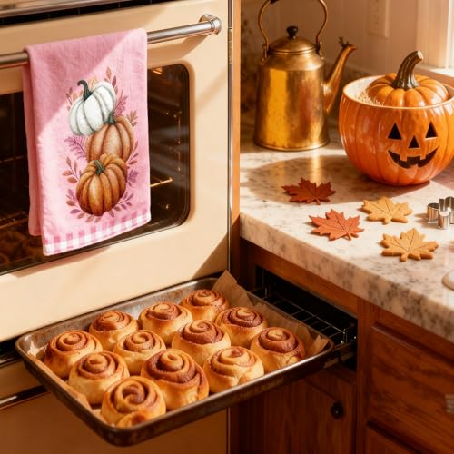 Fall Kitchen Towels Pink Pumpkin Buffalo Plaid Set - 4 Pcs