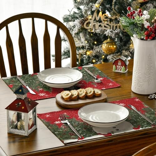 Christmas Placemats Set of 4 - 12 x 18 Inch Holiday Rustic Table Decor - Red Variation