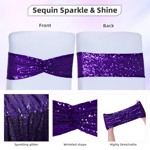 14x6 Purple Sequin Chair Sashes - Pack of 100 Folding Bow Covers for Weddings and Parties
