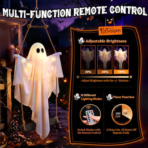Outdoor Hanging Swinging Ghost Light Up Decoration - White and Black - 47in Halloween Ghost