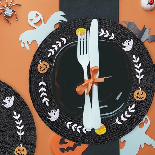 Halloween Placemats Set - Ghost Pumpkin Candy Corn Embroidered Table Decor - 4 Pieces