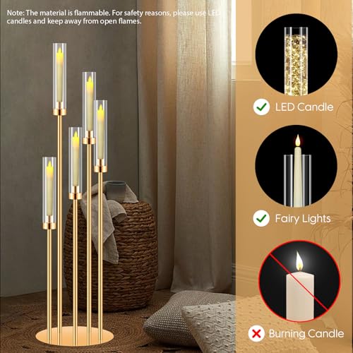 Floor Candelabra Set with LED Candles - 4 Tall Metal Candle Holders for Weddings & Home Decor - Varying Heights, 20 LED Candles, With LED Candle / 4