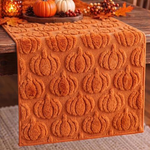 Caramel Fall Table Runner with 3D Pumpkin Decor - 13x72 Inch Autumn Thanksgiving