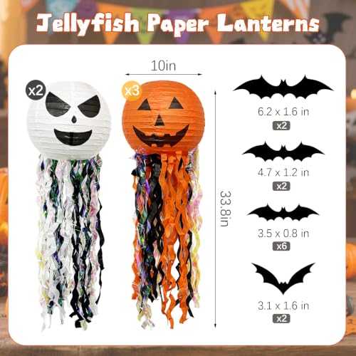 Halloween Pumpkin Paper Lanterns with Bat Set - 10 Inch Autumn Decor