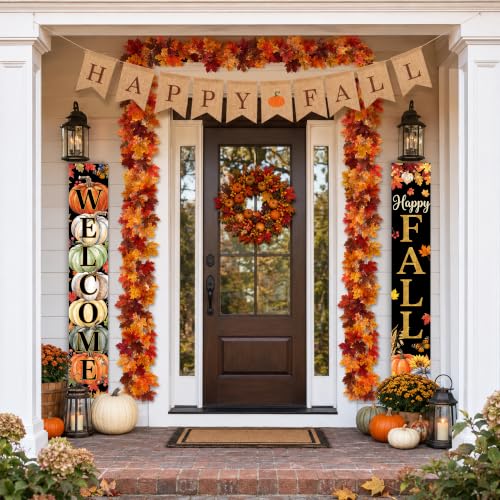 Black Fall Decor Set with Garland & Door Sign - Happy Fall Pumpkin - Fall Maple Leaves