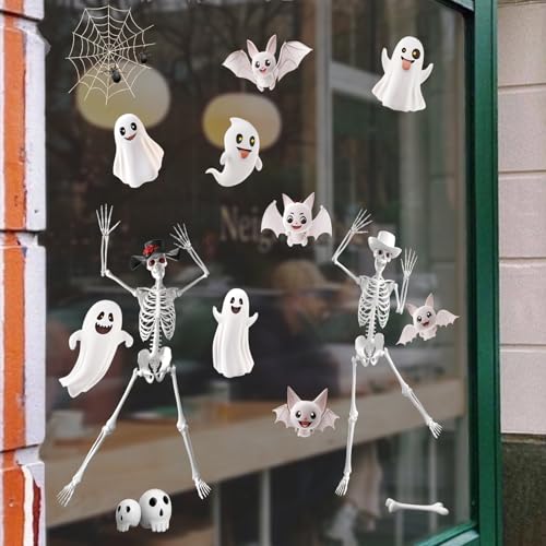 Giant Skeleton Halloween Window Clings - Spooky Ghosts Bats & Bones - Reusable Decorations for Glass Doors & Windows