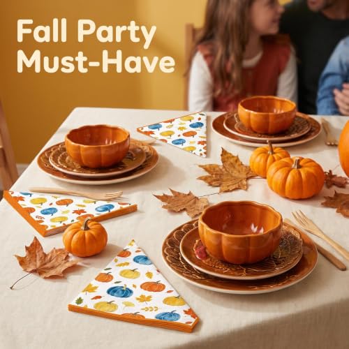 Fall Paper Napkins 13x13 Inches - Pumpkin Maple Leaf Party Set - 50 Pcs