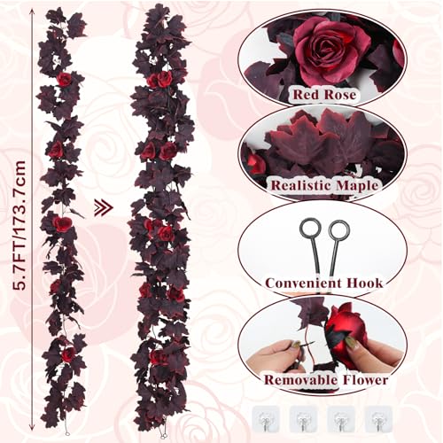 Fall Leaves Garland with Burgundy Maple & Black Rose Accents - 11.4ft Decorative Vine