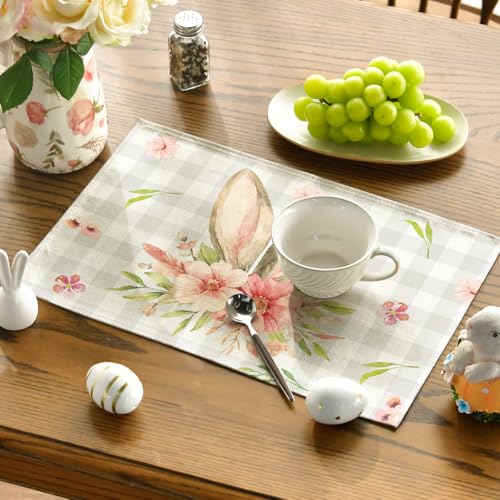 Easter Bunny Rabbit Ears Buffalo Plaid Placemats Set of 6 - 12x18 Inch Seasonal Table Decor Beige