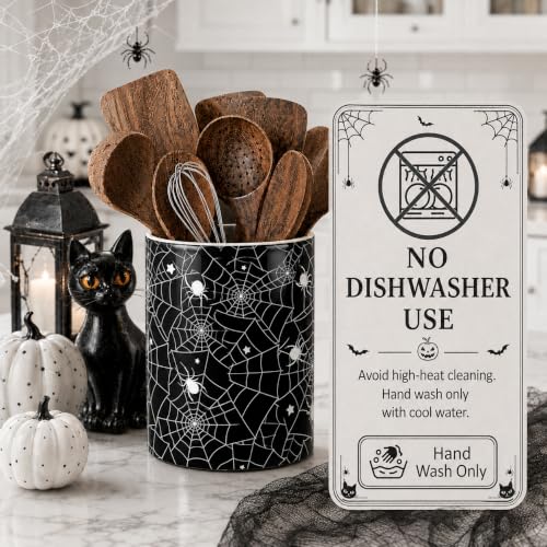 Halloween Utensil Holder - Black Spider Web Ceramic Kitchen Organizer - 6 Inch