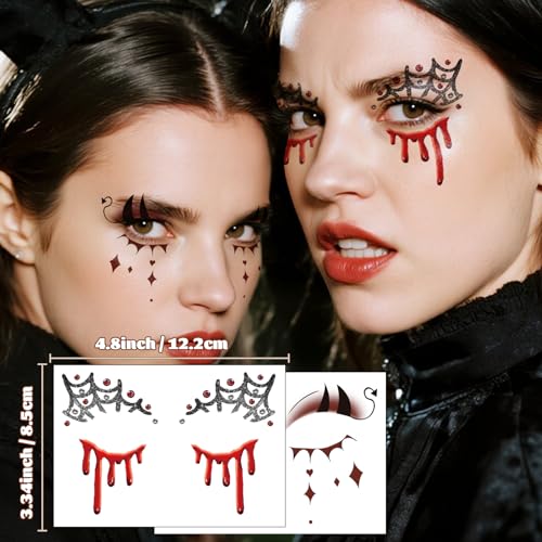 Halloween Scary Face Tattoo - 16 Sheets Spiders Web Bats Skulls Blood Designs for Men Women Cosplay Party
