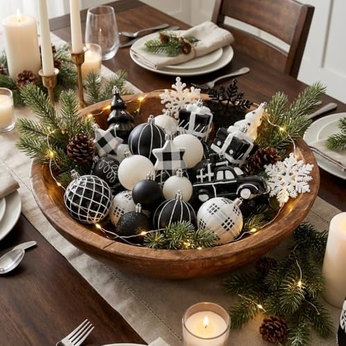 70-Pack Holiday Christmas Tree Ornaments Set - Black & White Shatterproof Decorations