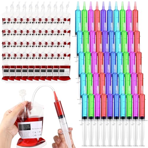 Halloween Blood Bags for Drinks 50 Sets Fake IV Bags with Syringes & Stickers - Variation of 100
