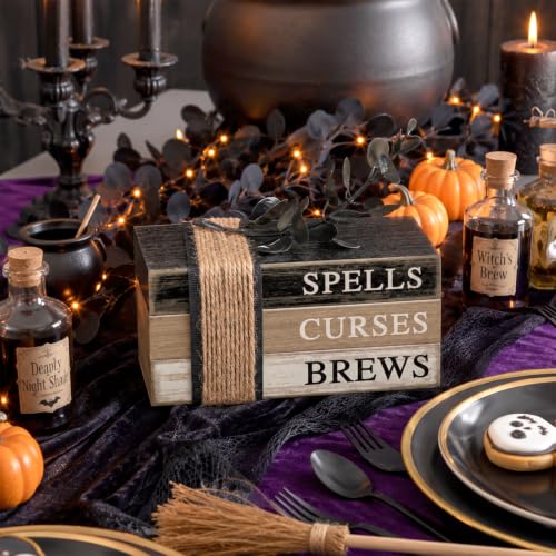 Eucalyptus Leaf Halloween Table Decorations Set - Rustic Mini Book Stacks & Natural Decor
