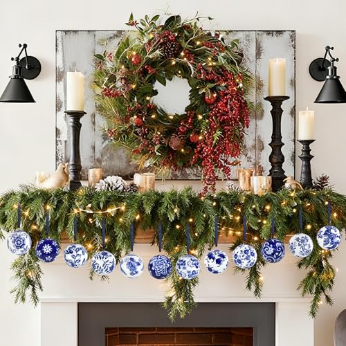 Blue Ceramic Christmas Ornament Balls - 12 Pcs Chinese Style Hanging Decor - Circular Variation