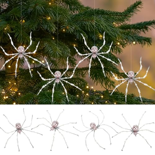 Champagne Pearl Spider Christmas Hanging Beaded Ornament - 8 Pack