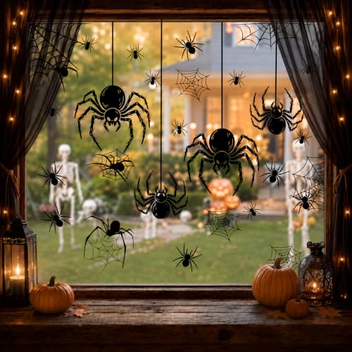 Large Halloween Spider Window Stickers Set - Scary Web Decor for Glass