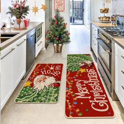 Christmas Kitchen Rugs Set of 2 - Red Claus & Snowman, 17x29 & 17x47 Inches