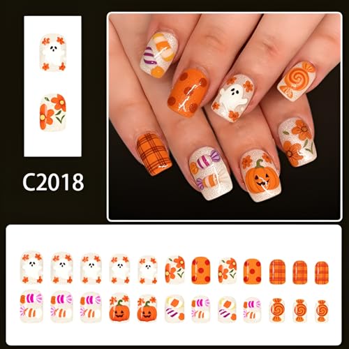 Halloween Press-On Nails Short Square Fake Nails Pumpkin Ghost with Flower Design - Orange Candy Variation 24Pcs