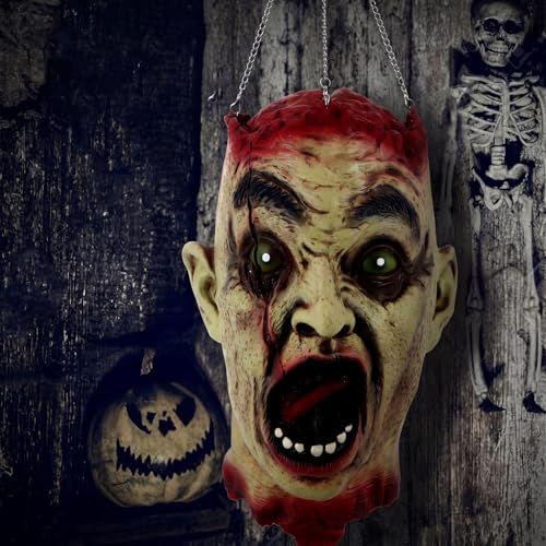 Halloween Zombie Head Hanging Decoration with Glowing Eyes, Spooky Horror Prop - Set of 3