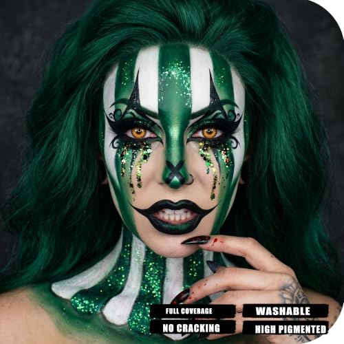 Halloween Face & Body Paint Kit - Black White Green Washable Zombie Makeup - Variation of Black+White+Green