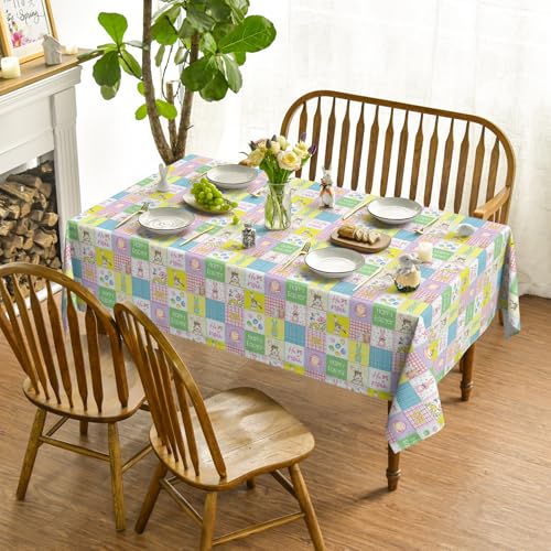 Easter Tablecloth 60x84 Inch Rectangular Plaid Bunny Rabbits Pink Yellow Blue