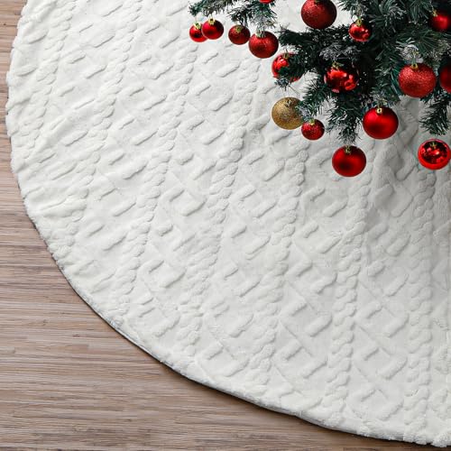72 Inch Faux Fur Christmas Tree Skirt with Cross Diamond Pattern - White Holiday Decor