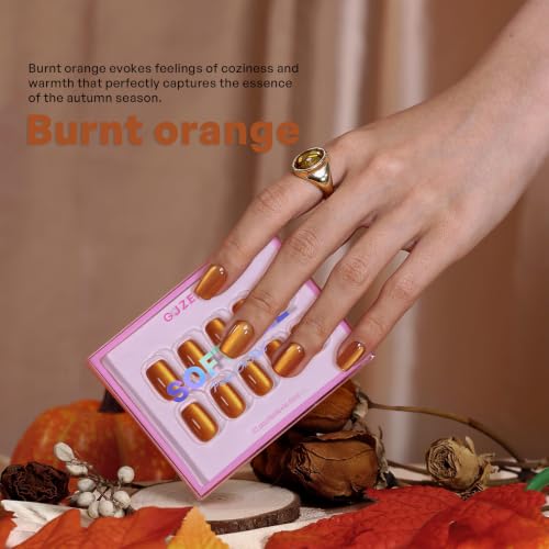 Short Square Press-On Nails - Burnt Orange Cat Eye Nails - Autumn Amber, Variation 1C