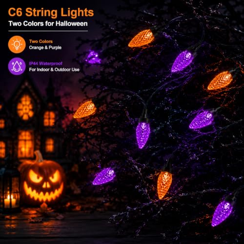 Halloween String Lights Battery Operated 29.5 Ft 100 LEDs C6 Color Change with 8 Modes - Orange