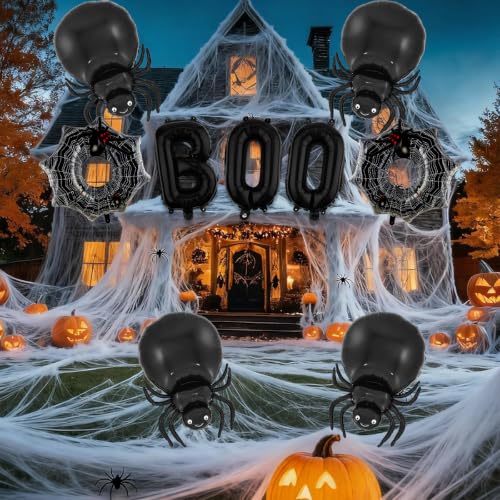 Halloween Foil Balloons Set - Black Boo, Spider, Web Decorations for Party