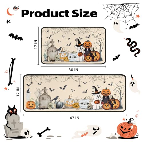 Beige 2-Piece Halloween Kitchen Rugs Set - Bat & Pumpkin Non-Slip Washable Floor Mats
