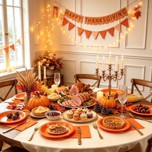 Orange Plastic Party Plates 100 Pack for Halloween & Fall Celebrations - 9 Inch & Napkins Included