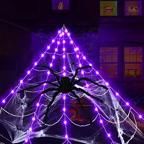 Outdoor Halloween Spider Web Lights Set - 135 LED Purple Lights & Giant Spider