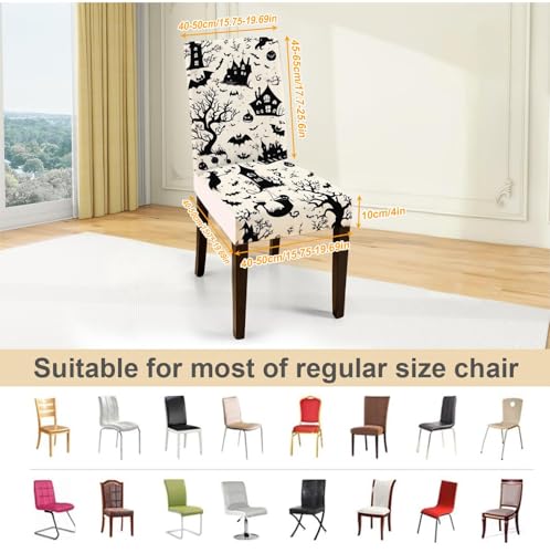 Halloween Chair Covers for Dining Room – Spooky Black & White Slipcovers with Haunted House & Bats, 4/04 Variation