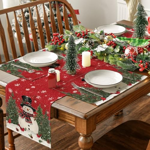 Christmas Placemats Set of 4 - 12 x 18 Inch Holiday Rustic Table Decor - Red Variation