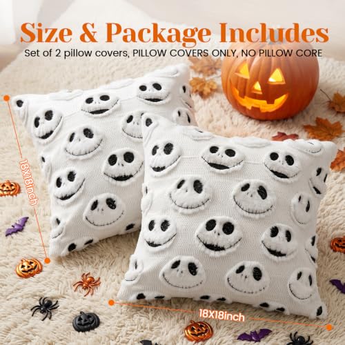 White Halloween Pillow Covers 18x18 Inch Set of 2 Decorative Spooky & Cute Decor