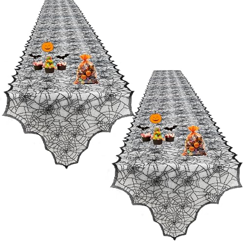 Halloween Lace Spider Web Table Runner 2 Pack 18x72 Inch Black Gothic Decor