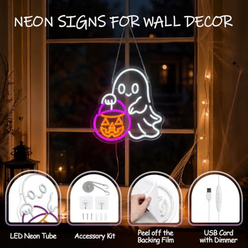 Treat Ghost Neon Sign - Dimmable Halloween Ghost Neon Light for Window