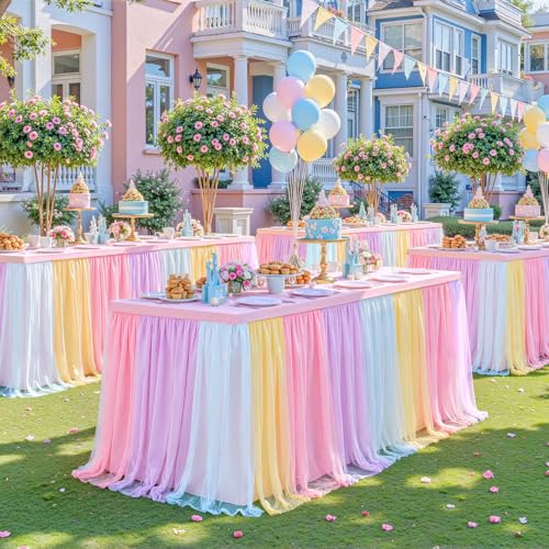 Rainbow Tulle Tablecloth for 8ft Rectangle Tables with Ruffle Skirt - Pastel Rainbow Party Decor