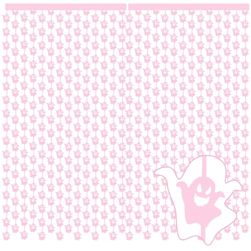 WovWeave 2 Pack Halloween Foil Fringe Curtains - Pink Ghost, 3.3x6.6 ft