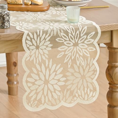 Artoid Mode Lace Jacquard Dahlia Table Runner 13x72 Inch Beige