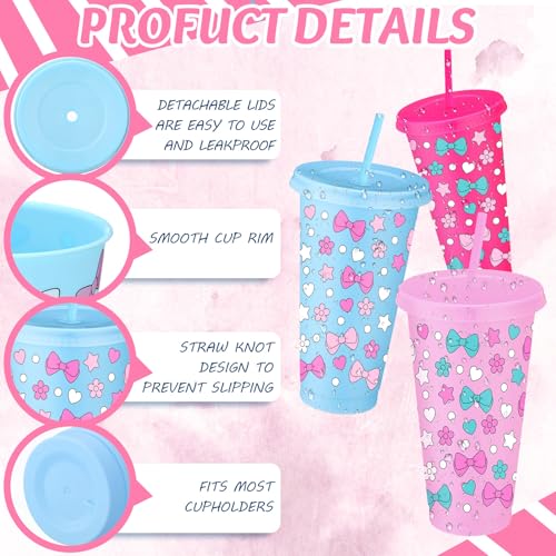 12-Pack Reusable Kitty Cat Plastic Tumbler Cups with Lids & Straws - 24 oz