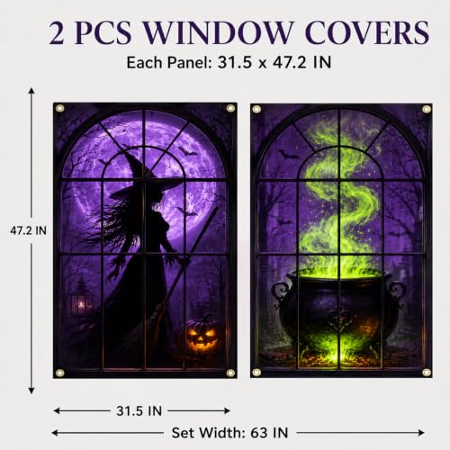 Halloween Window Covers Set - Witch & Cauldron Night Scene, 2 Pack, 31.5 x 47.2 Inches - Witch Variation